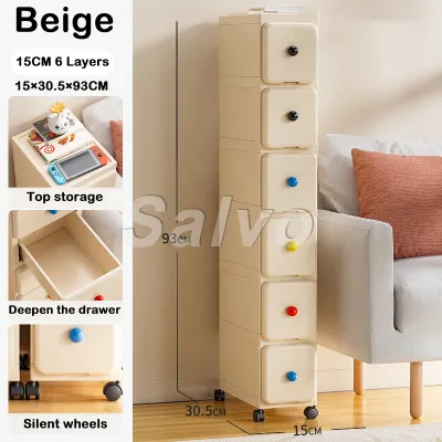 SALVO 15cm/25cm Gap Storage Cabinet Clothes Storage Cabinet Slim Drawer Organizer Plastic Durabox DIY Handle With Wheels