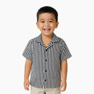 Bronkis Junior Kemeja Anak Laki Laki Lengan Pendek Premium Rayon Fullprint Warna Hitam Putih Motif Stripe Salur