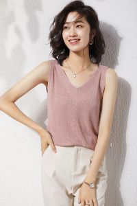 F-3269 [24Shop] เสื้อแขนกุดไหมพรหมคอวี เสื้อแขนกุด เสื้อสายเดี่ยวเซ็กซี่ เสื้อแขนกุดมีประกายวิบวับ