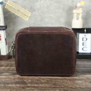 CONTACTS FAMILY Vintage Cowhide Leather Jewellry Box Travel Portable Case Storage for Necklaces Rings Cufflinks Bracelets Comes with Mirror Free Engraving