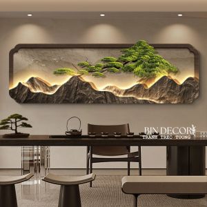 (ẢNH THẬT) Tranh treo tường đèn led 2 lớp núi non hùng vĩ và cây tùng phong thủy TDL13