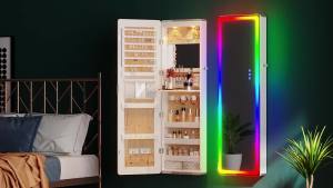 Wall-Mounted Colorful Luminous Full Body Mirror Jewelry Storage Mirror Cabinet Bedroom Smart Lamp Dressing Mirror Cosmetic Storage