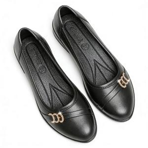 SHUTA Womens fashionable round-toe black shoes comfortable & non-slip wedge heels for school work and office wear