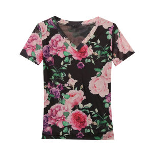 REHIN Womens top New Summer fashion mesh flower printed short-sleeved T-shirt V-neck S-3XL Slim thin elegant trendy blouse