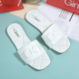 [JY]  New Casual fashion design square toe glossy leather flat sandals for women