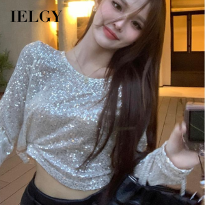 IELGY Hot girl sequined short tops for women with exposed navel long sleeves all-match slim T-shirt
