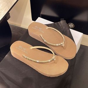 [Free Shipping] Beach Shoes Seaside Flip-Flops Shiny Rhinestone Slippers For Women Summer Fashion Thick-Soled Wedge Heel Sandals With Rhinestones
