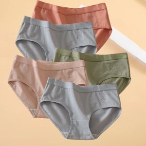 FINETOO 5 IN 1 Mid Waist Cotton Panties Breathable Panty for Women Solid Colors Weather Patterns Underwear Ladies