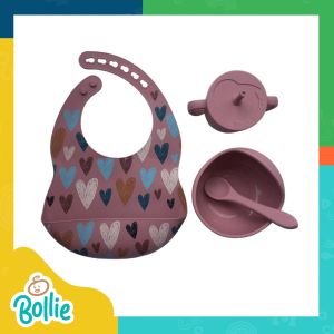 Bollie Baby Unoo Silicone Starter Feeding Set (Printed Bib Bowl Spoon Straw Cup)