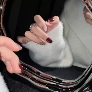 [HANDMADE]Artificial Nail Cherry Red Gilt Cat Eye Wedding Phototpy Nails Reusable and Removable Nails