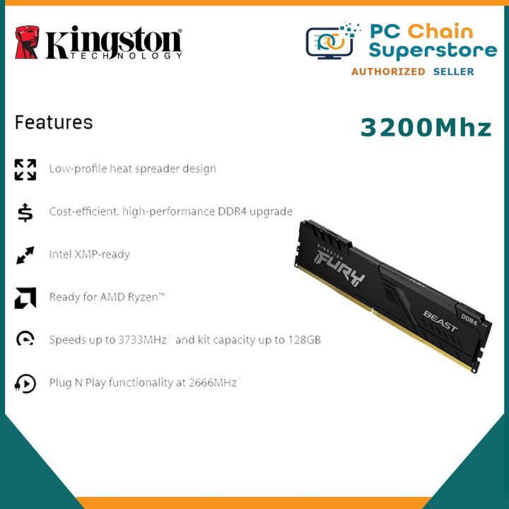 Kingston Fury Beast 8GB 16GB (1x16GB) DDR4 3200Mhz CL16 DIMM Memory  Gaming RAM (Single RAM) Lazada PH