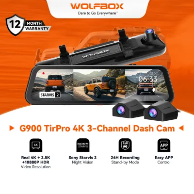WOLFBOX G900 Tripro 3 Channel 4K+1080P+2.5K Rear View Mirror Camera STARVIS 2 IMX678 Night Vision Front and Rear Bumper Dash Cam 5.8GHz WiFi Voice Control