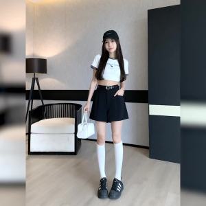 AMMIN กางเกงแฟชั่นเอวสูงกางเกงลำลองขายาวทรงหลวมมีสายคาดสไตล์เกาหลีสำหรับ2024ฤดูร้อน