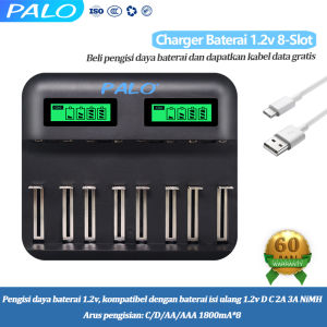 PALO Baterai Batre Charger AAA/AA/D/C/SC 8-Slot Battery FAST Charger INTELLIGENT Type-C/Micro USB Charger With led screen