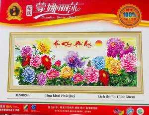 Tranh thêu chữ thập Hoa mẫu đơn Hoa khai phú quý thêu kín 1m50 (chưa thêu) MN0054