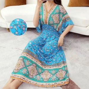 [Langchao] thhone Indian dress women casual Hawaiian Korean style boho floral vestidos robe long maxi sundress summer cotton frock clothing