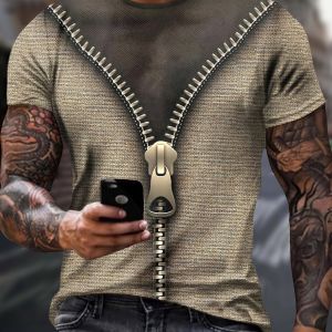 Zipper T Shirt For Mens 3d Funny Print Short Sleeve Top Casual Male Streetwear Oversized Tees Shirt Men Vintage Mens Clothing