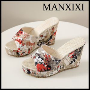 MANXIXI Fashion Women 3.93 Inches High Heels Beautiful Flowers Pattern Wedge Sandals (Size 35-42)