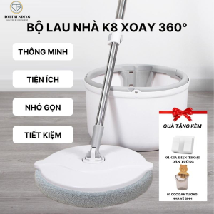 Bộ Lau Nhà Thông Minh K8 Thùng Vắt Xoay Tròn Nhựa PP Cán Inox Dài 134cm Miếng Lau 25cm Microfiber Lấy Sạch Bụi Bẩn Trùm Sỉ Gia Thành