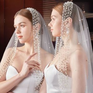 DRESSPLUS Vintage Pearls Tulle Bridal Veil Pearls 130cm Wedding veil Exquisite Face-Covered Waist Length Drop Veil For Women