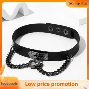 ✨QK shop✨ Personality Punk Chain Tassel Black Leather Choker Necklace For Women Y2K Metal Heart-Shaped Zircon Necklaces Gothic Jewelry