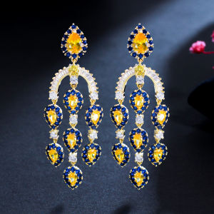 SEQUITO Dazzling Water Drop Yellow Blue Cubic Zirconia Stone Women Long Tassel Dangle Gold Plated Party Earrings for Annual Dinner SE596