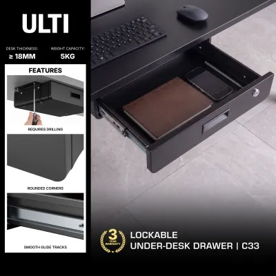 ULTI Lockable Under Desk Drawer | Pull-Out Storage Organizer with 2 Keys | For Study & Office Table | C33