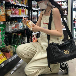 Jeans Wanita Vintage Kaki Lebar Celana Panjang Braces Longgar