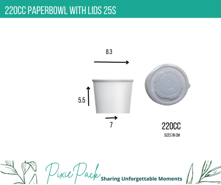 PIXIES Disposable 220cc Paper Bowl with LID Plain High quality Take-Out ...