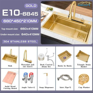 [SG Seller]SUS 304 Stainless Steel Pullout Faucet Tap Gold Waterfall Kitchen Sink  Single Basin Bowl Tank Tap