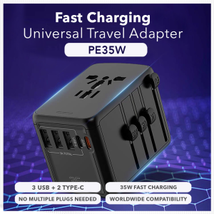 Universal Travel Adapter & Converter 35W 3USB+2Type-C Port International Travel Adapter Fast Charging US/UK/EU/AUS PE35W