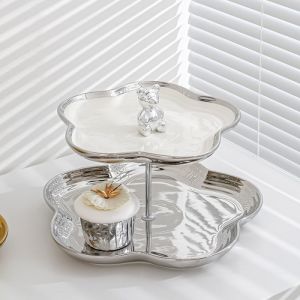 Piring Kue Gold Silver Ceramic 2/3 Tier Cake Stand Cupcake Dessert Plate Tray with Bear Handle