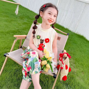 เด็กสองชิ้นฤดูร้อนใหม่แขนสั้น 2025 เสื้อกล้ามสาวเสื้อยืดแขนยาวชุดการ์ตูนด้านบน