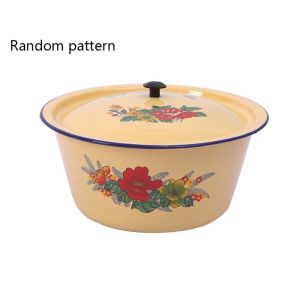 ANHEY Vintage Enamel Bowls with Lid Yellow Strawberry Cake Basin Salad Serving Pot Random Pattern Soup Container Noodle