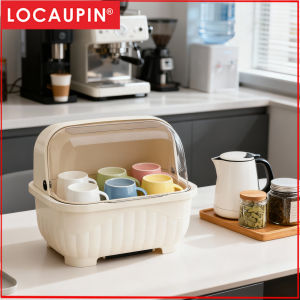 Locaupin Elegant PP Plastic Kitchen Dish Rack with Top Ventilation Hole and Transparent Lid - Dust & Insect Proof