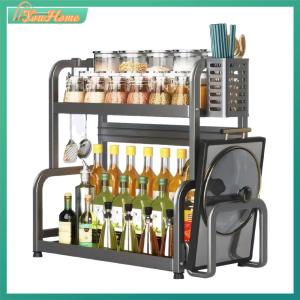 【Fast Delivery】2/3 Layer Standing Spice Holder Carbon Steel Seasoning Organizer with 4 Hooks Seasoning Bottle Rack Kitchen Accessories【Arrive 1-3 Days】