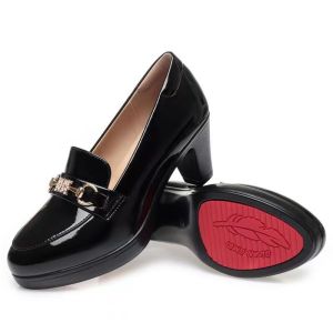 Black Thick heeled single shoes women bright thick bottom high heels cheongsam shoes office shoes school shoes Walking Shoes Fashion Classy Footwear