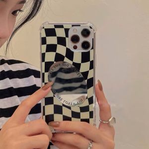 IPHONE CASING Fashion Checkerboard Grid Make Up Mirror Phone Case for IPhone 11 12 11 Pro Max X Xs XR 8 7 Plus Shock Absorption Soft TPU IPHONE CASING