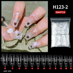 PINPAI 504pcs Long Coffin Hollow Out Heart French Fake Nails Clear Full Cover Artificial False Nail Art Tips Capsule for Extension