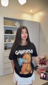 COD SUKISILK Cute Orange Cat Embroidery Chest Sleeve Print Loose Oversized Women Short Sleeve .c