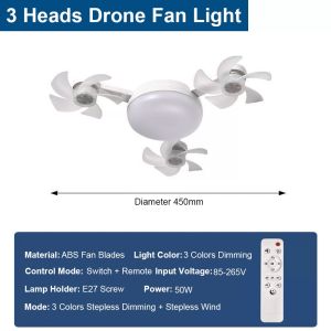 ECOL Drone Blade Ceiling Fan Light 3/4/5 Heads with Remote E27 Invisible Blades 2-in-1 LED Fan Light