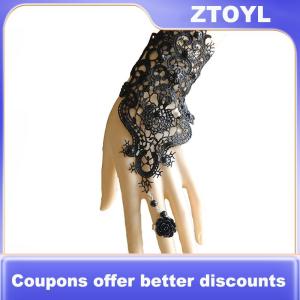 【ZTOYL】 1pc Women Goth Rose Beads Flower Lace Slave Glove Adjustable Ring Long Bracelet