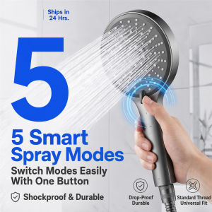 High Pressure Shower Head Set 12cm Large Panel 5-Mode Kepala Mandi with No-Drill Holder & Hose for Bathroom
