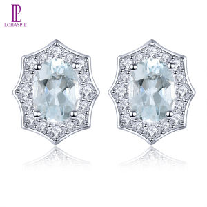 Lohaspie Jewelry Pure 1.4 Carats Silver Earring 925 Original Natural Aquamarine Chrome Diopside Stud Earring Aquamarine Blue Stud Earring Aquamarine Birthstone For Women Jewelry
