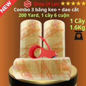 Combo 3 cây băng keo trong đục 200yard kèm dao cắt 1 cây 1.6kg lõi giấy 5mm chiều rộng cuộn 47cm mỗi cây 6 cuộn