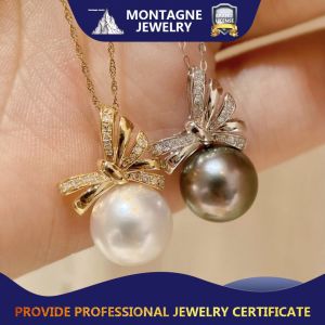Montagne Jewelry 18k Pure Gold Pendant Diamond Inset Bowknot Design Fine Jewellery Natural 10-11mm Pearl Pendant Necklace