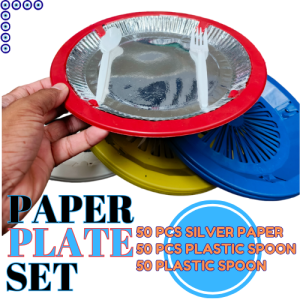 DWare 50pcs SILVER PAPER PLATE - 50pcs SPOON - 50pcs FORK set party disposable business catering food cart