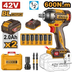 INGCO 42V BL IMPACT WRENCH 600NM 2X2.0AH & CASE CIWLI42602
