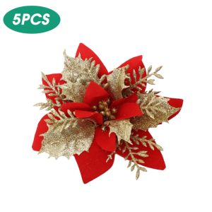 5Pcs Glitter Artificial Christmas Flowers / Simulation Gold Powder Christmas Flower / Xmas Tree Garland Ornaments / Christmas Artificial Flowers / Christmas Artificial FlowersTree Hanging
