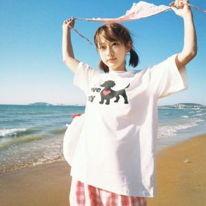 T-Shirt Wanita Lengan Pendek Putih - Motif Anjing Kartun  Katun Tipis Bernapas Oversize Slim Fit  Tren Musim Panas 2025  Gaya Korea High Street & Sweet Look Premium  Gaya segar dan sederhana  Kerah bulat  Slip - on  Tops  Ukuran besar  Longgar  Nyaman